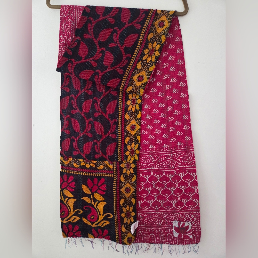 Mieko Mintz Vibrant Red White Kantha Cotton Floral  Reversible Sacarf Shawl Wrap